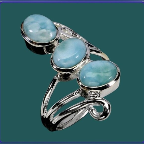 925 Sterling Silver Ring Sz 7.75 with Oval Natural Larimar 8x6mm Gemstone - Picture 6 of 6